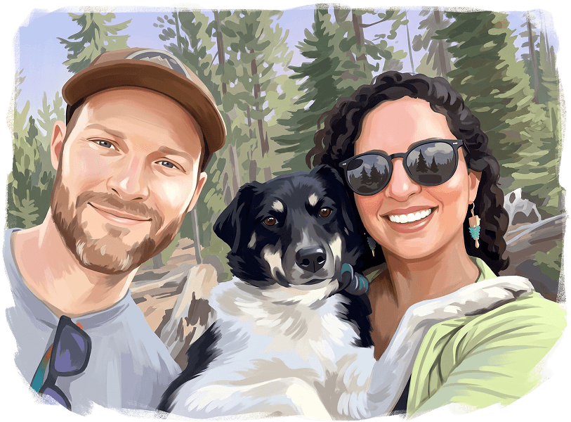 Illustrated portrait of Jeff, his wife, and their dog in the woods
