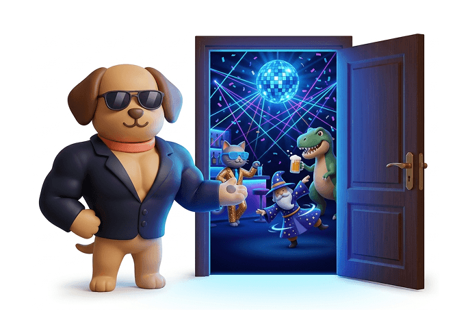 Playful characters entering a neon party