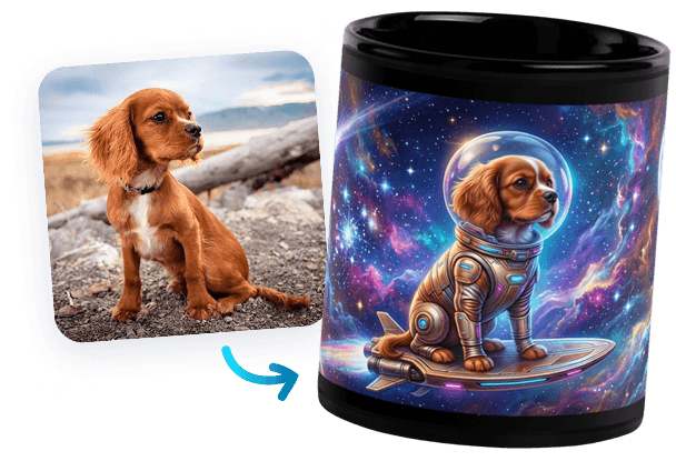 A photo of a dog turned into a space-explorer design printed on a black mug